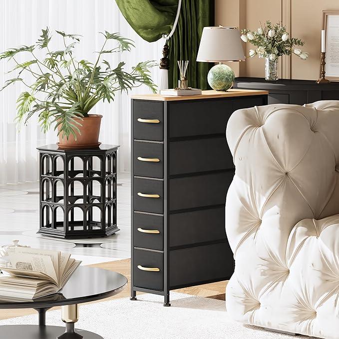 Narrow Dresser Storage Tower with 5 Drawers, Slim Dresser Chest of Drawers with Steel Frame, Wood Top, Dresser for Bedroom, Bathroom, Small Spaces, Laundry, Closet, Black - ModernBath