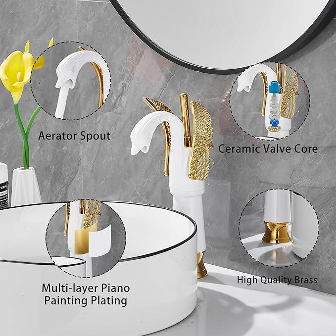 GGStudy Swan Shape Single Handle 1Hole Bathroom Vessel Sink Faucet Deck Mount Lavatory Sink Faucet Gold Mixed White - ModernBath
