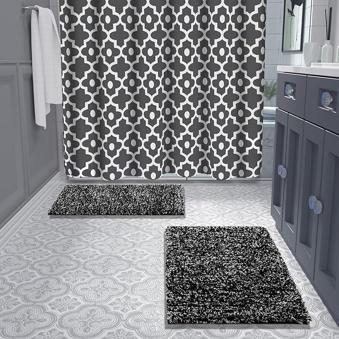 Yimobra Bathroom Rug Set 2 Piece, Soft Absorbent Microfiber Bath Mat Set, Non Slip Machine Washable Dry, Plush Shaggy Shower Rugs for Bathroom Floor, 32"x20"+24"x17", Black and White - ModernBath