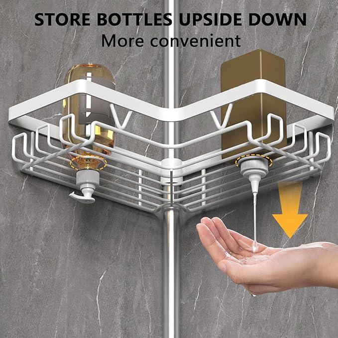 KEGII Corner Shower Caddy Tension Pole - Shower Tension Rod Organizer, Floor to Ceiling Shower Caddy 25-114.2 inch, Bathroom Rack Corner Waterproof, Pure White - ModernBath