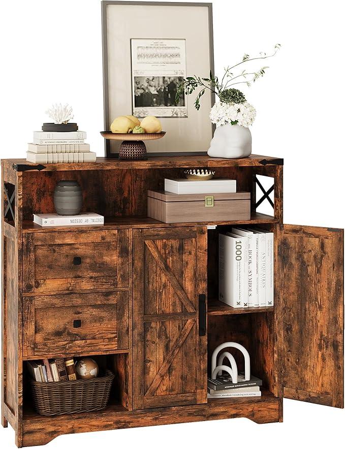 Fameill Farmhouse Storage Cabinet with Drawers and Open Storage,Freestanding Kitchen Pantry with 2 Barn Doors, Floor Cabinet with Adjustable Shelf for Living Room,Brown - ModernBath
