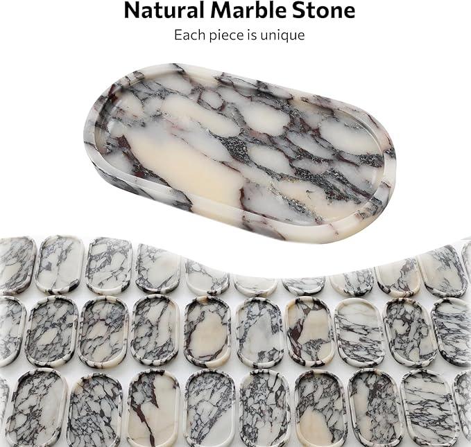 Faticdorr Marble Tray, 2 Pcs, Marble Vanity Tray, Bathroom, Decor for Trinket Perfume Jewelry Candle, White Marble Purple Veins, 12 Inch Oral - ModernBath