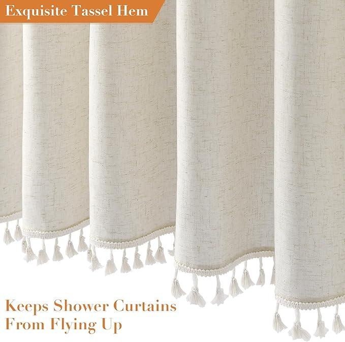 Nanspring Natural Boho Linen Shower Curtain 80 Inch Long Boho Weighted Tassel Design Fabric Bath Curtain Set with Hooks Rustic Luxury Decorative Tall Shower Curtain for Bathroom 72x80, Cream - ModernBath