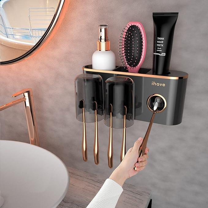 iHave Toothbrush Holders Bathroom Accessories with Toothpaste Dispenser, 2 Cups Toothbrush Holder Wall Mounted Bathroom Decor - ModernBath