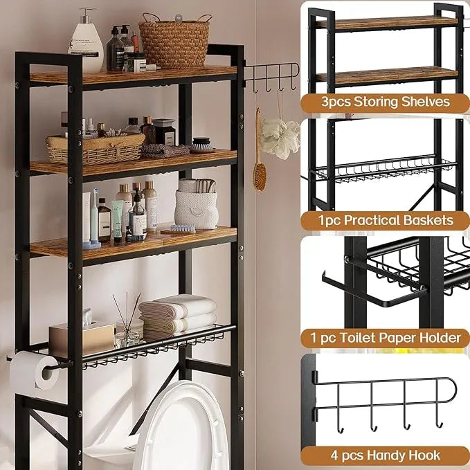 Over-The-Toilet Storage Rack, 4 Tier Bathroom Shelf Organizer Over Toilet with Adjustable Shelves, Basket, Hooks, Paper Holder, Quick Interlock Install & Water-Resistant Shelves (Vintage Brown) - ModernBath