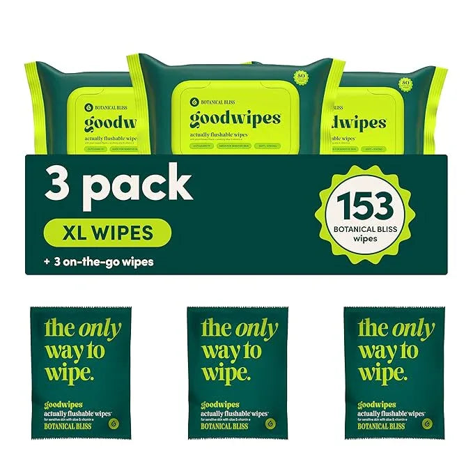 goodwipes Flushable Butt Wipes - Vitamin E & Aloe - Sewer & Septic Safe - Extra Large Adult Wet Wipes For Women & Men - Toilet Essential - Botanical Bliss, 153 Count (3 Packs + 3 Individually Wrapped) - ModernBath