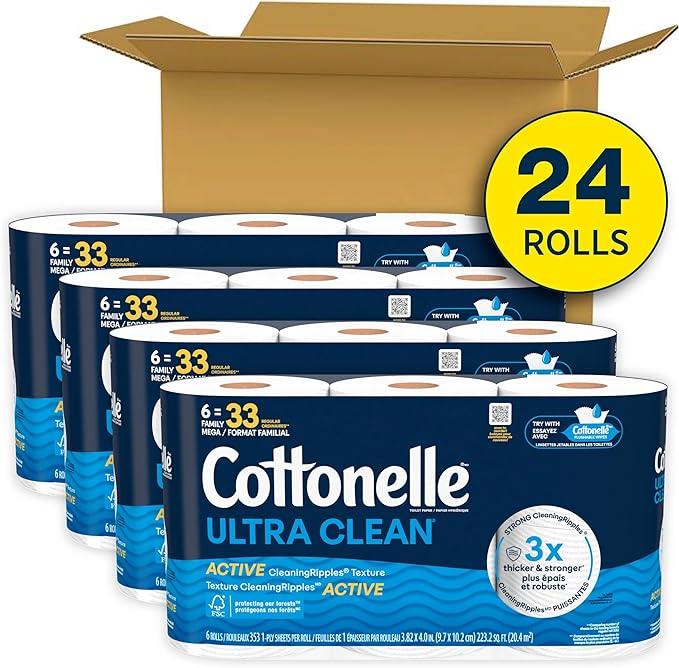 Cottonelle Ultra Clean Toilet Paper with Active CleaningRipples Texture, Strong Bath Tissue, 24 Family Mega Rolls = 132 Regular Rolls (4 Packs of 6) - ModernBath