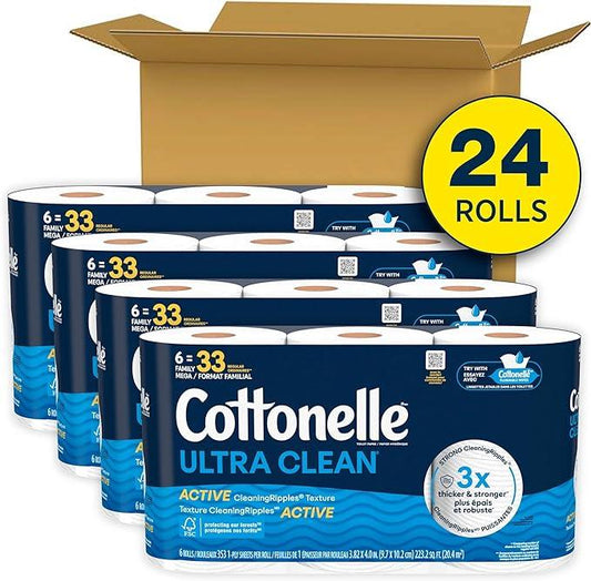 Cottonelle Ultra Clean Toilet Paper with Active CleaningRipples Texture, Strong Bath Tissue, 24 Family Mega Rolls = 132 Regular Rolls (4 Packs of 6) - ModernBath