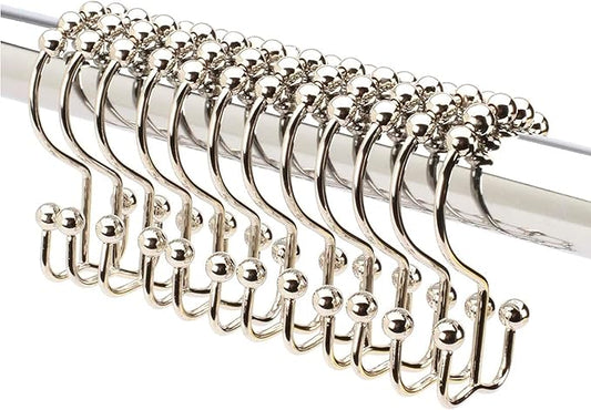 2LB Depot Double Shower Curtain Hooks Rings Polished Nickel Decor Finish Premium Rust-Resistant Stainless Steel Metal Hooks Roller Balls Glide on Shower Rods 12-Piece Set