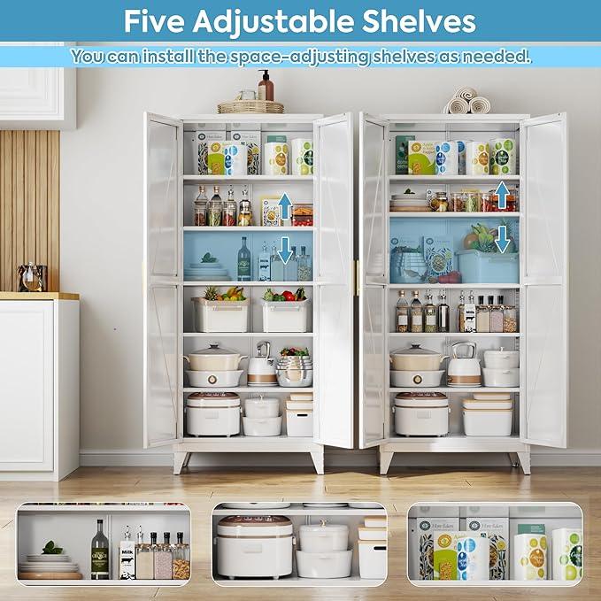 75" H Metal Pantry Cabinet, Kitchen Pantry Storage Cabinets with 5 Adjustable Shelves, for Home Office Bathroom, Required Assembly, White - ModernBath