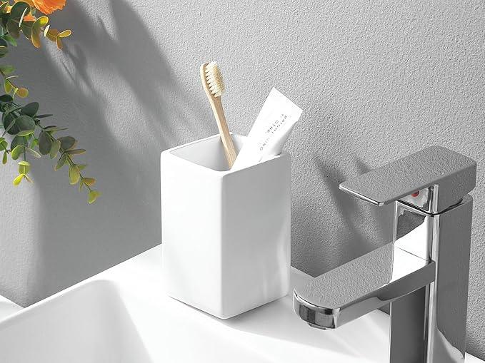White Ceramic Toothbrush Holder - Square Bathroom Toothbrush Holder, Toothbrush Cup Holder Aesthetic Toothpaste Holder, Modern Family Size Toothbrush Organizer, Bathroom Tumbler Cup - ModernBath