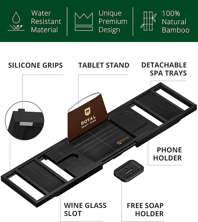 ROYAL CRAFT WOOD Premium Foldable Bathtub Tray - Wood Bath Tray for Tub, Bamboo Shelf, Expandable Bath Table Trays, Bathtub & Bathroom Accessories for New Home & Mothers Day & Birthday Gifts for Mom - ModernBath