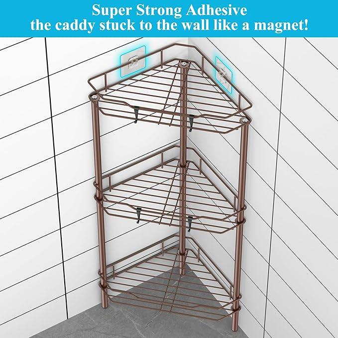 3 Tier Floor Standing Corner Shower Caddy Organizer Shelf with Hooks, Bathroom Shelves Stand Rack, Coffee - ModernBath