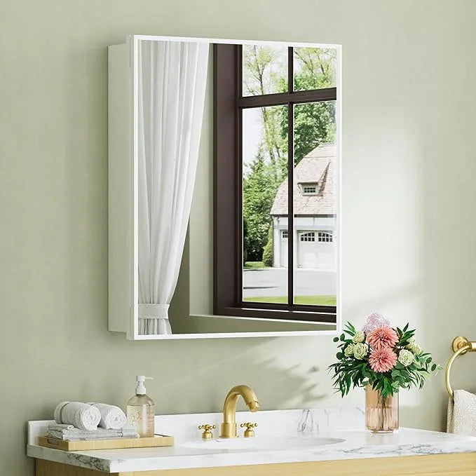 Buruis 24" x 30" Framed Medicine Cabinet with Mirror, Recessed or Wall Mounted Bathroom Cabinet, Adjustable Tempered Glass Shelves, Left/Right Open Reversible, No Assembly Required, White - ModernBath