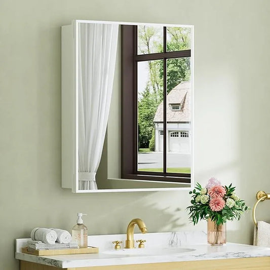 Buruis 24" x 30" Framed Medicine Cabinet with Mirror, Recessed or Wall Mounted Bathroom Cabinet, Adjustable Tempered Glass Shelves, Left/Right Open Reversible, No Assembly Required, White - ModernBath