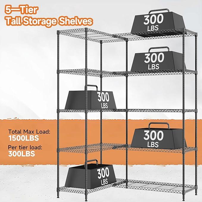 5 Tiers Storage Shelves Load 1500LBS, Metal Shelving Wire Metal Shelving Unit Shelves for Storage Adjustable Garage Shelving for Pantry Kitchen Garage Black 15.8" D x 33.5" W x 70.5" H - ModernBath