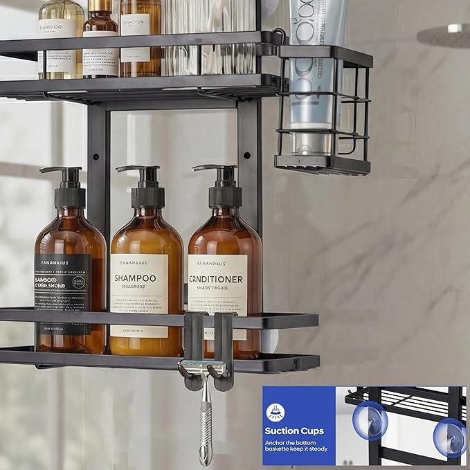 WEYALLE Over the Door Shower Caddy Hanging, Rustproof Shower Shelves with Waterproof Phone Pouch, 2-Tier Adjustable Bathroom Organizers and Storage, No Drilling Shower Shelf, Black Shampoo Soap Holder - ModernBath