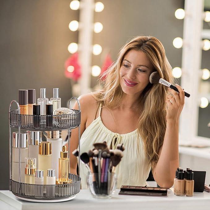INVSSENE 360° Rotating Makeup Organizer, Bathroom Make Up Spinning Holder Rack, Large Capacity Cosmetics Storage Vanity Shelf Countertop, Fits Cosmetics, Perfume, Skincare, Lipsticks(2 Tiers, Gray) - ModernBath