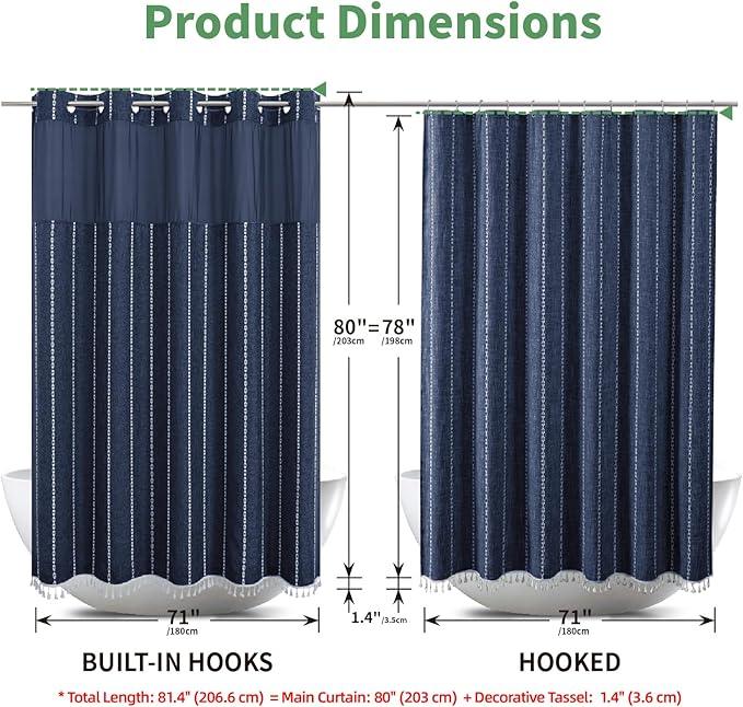 eachope No Hook Long Shower Curtain Set with Snap-in Fabric Liner,Linen Textured Thick Striped Fabric with Tassels,Boho Farmhouse Rustic Luxury Bathroom Curtain,Water-Repellent,Navy Blue,71x80 - ModernBath