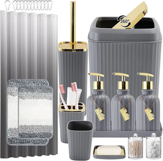 WSBArt 32PCS Bathroom Set Bathroom Sets with Shower Curtain and Rugs Grey Bathroom Accessories,Shower Curtain Set,Bathroom Rug Set with Bathroom Trash Can - ModernBath