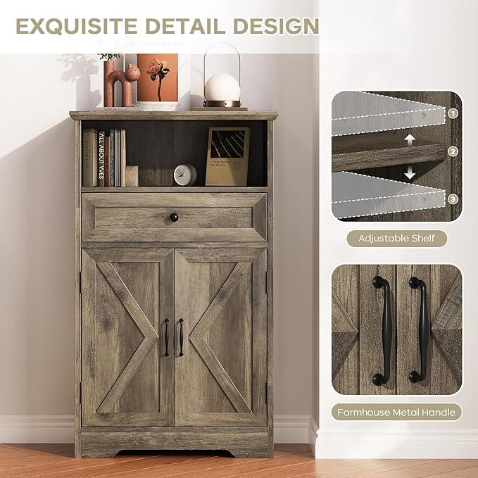 Floor Cabinet, Farmhouse Storage Cabinet with Barn Doors and Drawer, 11.81" D x 23.62" W x 39.37" H Grey Freestanding Adjustable Shelf Organizer for Bathroom, Kitchen, Living Room - ModernBath