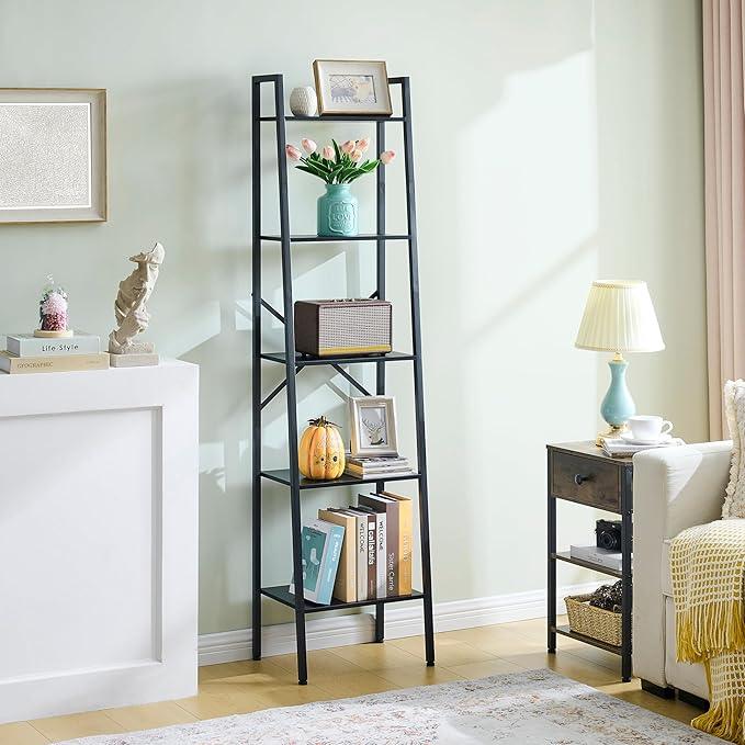 Hoctieon 5-Tier Industrial Ladder Bookshelf, Narrow Ladder Shelf, Tall Standing Bookshelf, Skinny Open Ladder Shelf, for Living Room, Home Office, Kitchen, Bedroom, Metal Frame, Black - ModernBath