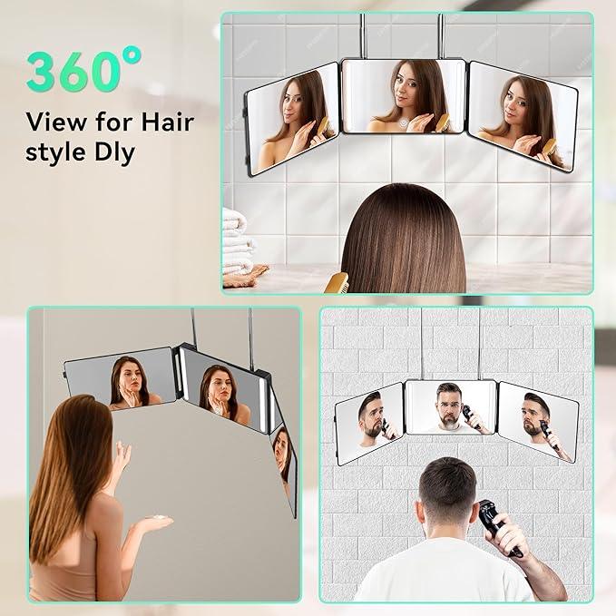 Moruedtu 3 Way Mirror with LED Lights & 360° View,See Back of Head Trifold Barber Mirror for Self Haircut, Shaving & Braiding, Portable Travel Design with Hook for Home,Men & Women (Black) - ModernBath