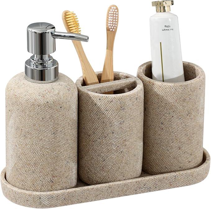 Bathroom Accessories Set, Bathroom Organizer Countertop, Soap Dispenser and Toothbrush Holder, Mouthwash Cup, Tray Set, Vanity Tray for Bathroom, 4 Pieces Modern Decor (Beige) - ModernBath