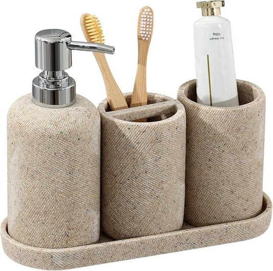 Bathroom Accessories Set, Bathroom Organizer Countertop, Soap Dispenser and Toothbrush Holder, Mouthwash Cup, Tray Set, Vanity Tray for Bathroom, 4 Pieces Modern Decor (Beige) - ModernBath