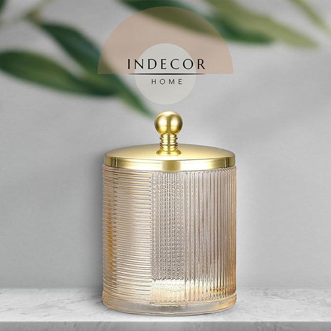 Indecor Home Tan Colored Tranlucent Apothecary Ribbed Geometric Etched Glass Jar W/Gold Metal Lid Cover for Bathroom Organization, Cotton Balls, Q Tips, and Small Accessories, Bathroom Storage - ModernBath