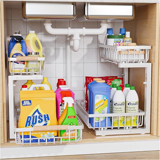 Under Sink Organizer,2 Pack Under Kitchen Sink Organizer,2 Tier Sliding-Out,5 Level Height Adjustable,Thickened Carbon Steel,Anti-rust Treatment,For Kitchen Bathroom White - ModernBath
