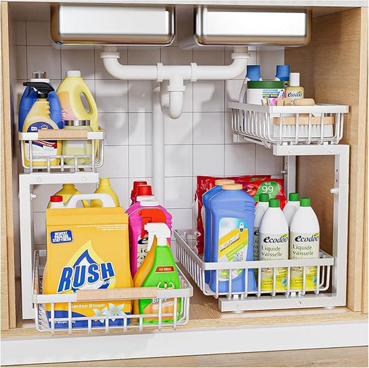 Under Sink Organizer,2 Pack Under Kitchen Sink Organizer,2 Tier Sliding-Out,5 Level Height Adjustable,Thickened Carbon Steel,Anti-rust Treatment,For Kitchen Bathroom White - ModernBath