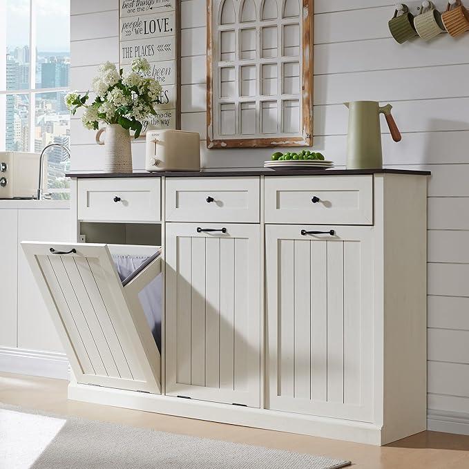 Triple Tilt Out Laundry Hamper Cabinet, 20 Gallon Farmhouse Trash Can Cabinet w/Drawer & Adjustable Shelf, Hidden Garbage Can Bin Cabinets w/Laundry Basket for Bathroom, Kitchen (Antique White) - ModernBath