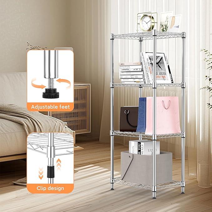 4 Tiers Shelf Metal Storage Shelves Wire Rack Closet Organizers with Wheel for Garage Kitchen Bathroom Laundry Chrome 11.8" D x 17.7" W x 41.9" H - ModernBath