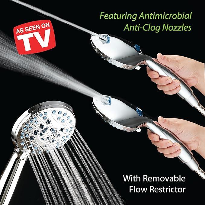 Hotel Spa AquaCare High Pressure 8-Mode Handheld Shower Head - Anti-clog Nozzles, Built-in Power Wash to Clean Tub, Extra Long 6 ft. Stainless Steel Hose, Wall & Overhead Brackets - ModernBath
