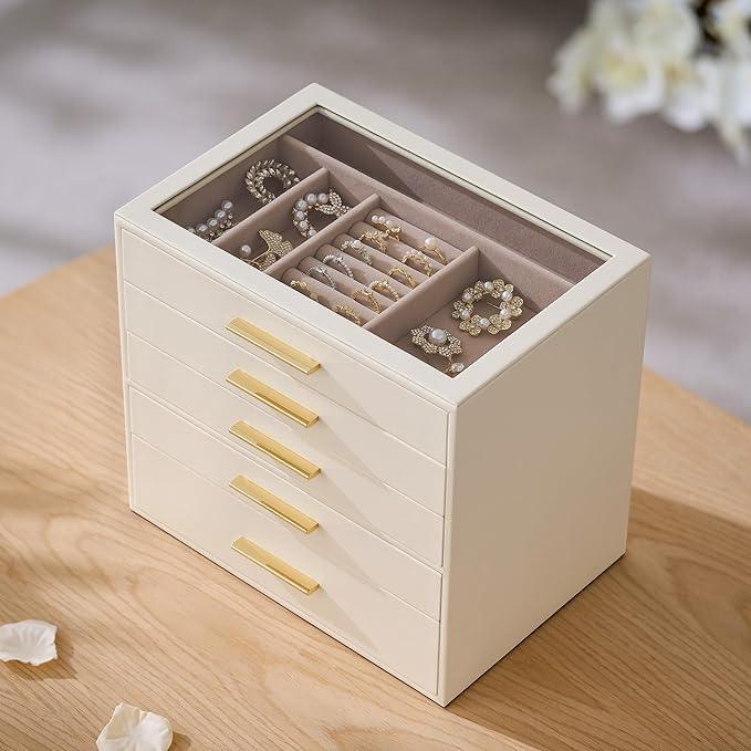 pickpiff Jewelry Box Organizer Case for Women: 5-Layer Jewelry Storage Case with Glass Window, Ivory Leather with Pink Velvet, Holder for Ring Necklace Bracelet Brooch Watch, Great Gift for Her - ModernBath