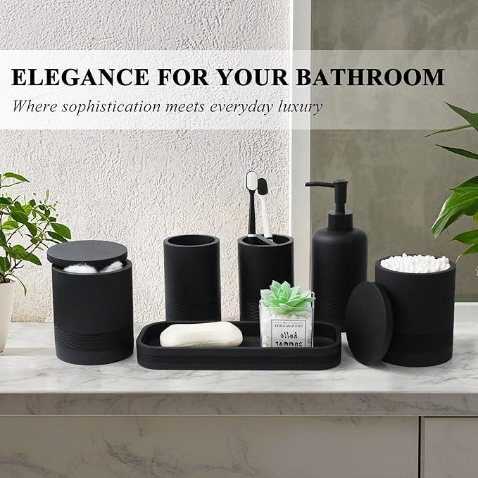 LIN CHUAN 6-Piece Bathroom Accessories Set, Organizer Set with Soap Dispenser, Toothbrush Holder Set, Vanity Tray, Tumbler & 2 Cotton Swab Jars – Modern Stylish Bathroom Storage(Matte Black) - ModernBath