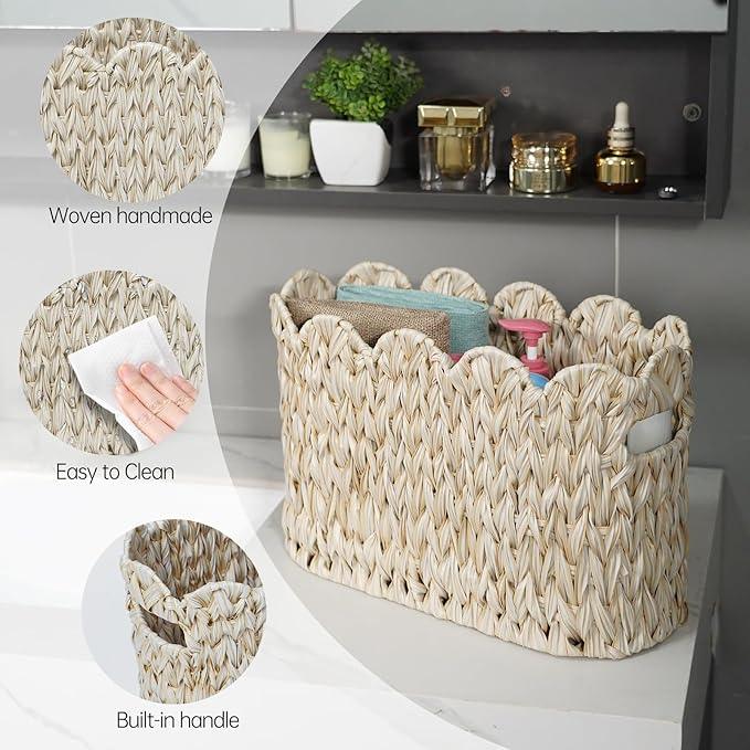 Toilet Paper Storage Basket,Boho Decorative Scalloped Baskets,Coastal Bathroom Decor,Hand-Woven Plastic Wicker Bathroom Accessories Organizer - ModernBath