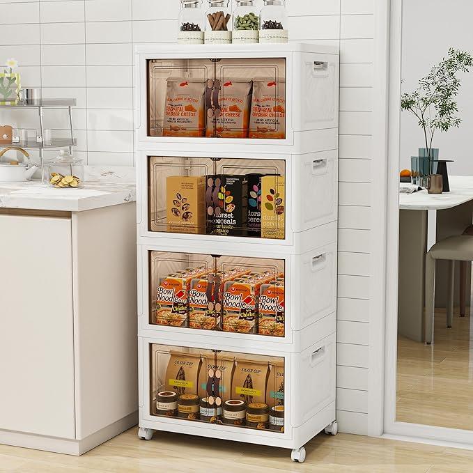 Storage Bins with Lids and Wheels, 440QT-110QT*4Tier Collapsible Bathroom Storage Cabinet with Clear Doors, Plastic Stackable Closet Organizers and Containers White - ModernBath