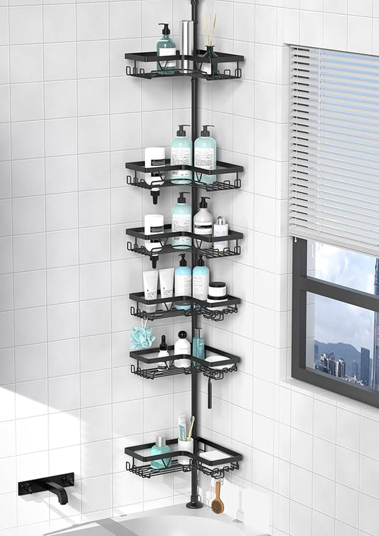 KEGII Corner Shower Organizer, 6-Tier Tension Pole Shower Caddy, Black Floor Standing Corner Shelf for Shower 25-114.2 inch, Waterproof and Rustproof