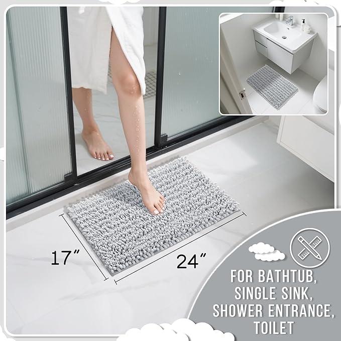 Yimobra Bathroom Rugs Non Slip Washable - Ultra Soft Absorbent Chenille Bath Mat, Quick Dry Shaggy Floor Carpet for Tub Shower, Silver Home Decor Accessories, 24x17 Inch - ModernBath