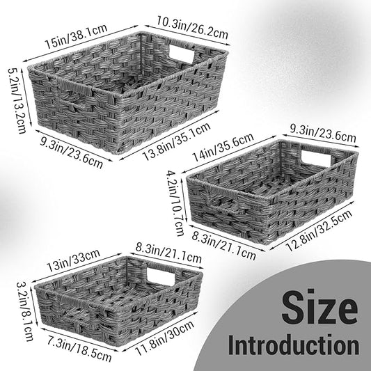 Ferrochef Set of 3 Large Wicker Storage Baskets for Shelves, Wicker Basket for Organizing, Waterproof Woven Baskets for Shelves and Pantry, Toilet, Bathroom, Bedroom, Patio(Gray)