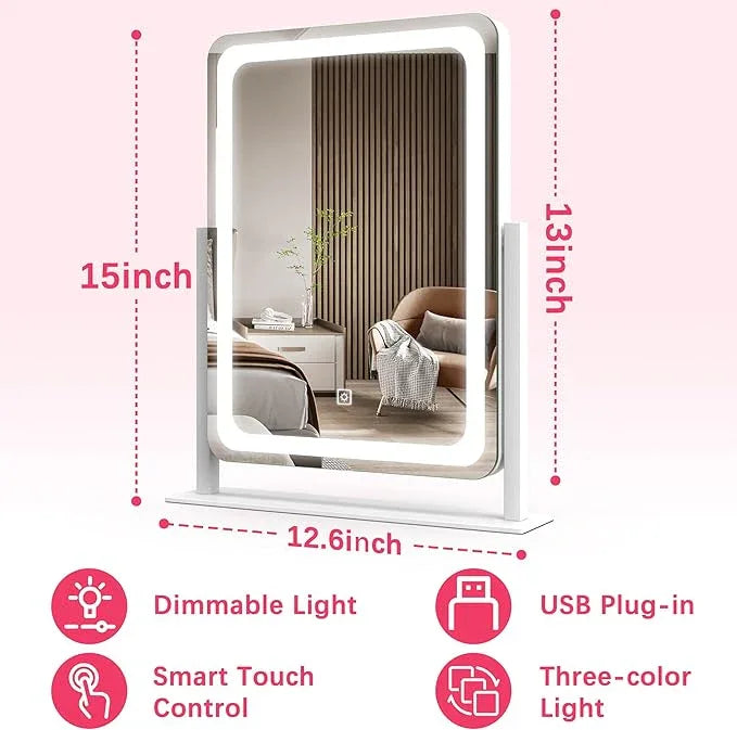 ROLOVE Vanity Mirror with Lights, 12.6"×15" LED Makeup Mirror, Lighted Makeup Mirror with Lights, Smart Touch Control Dimmable 3 Modes Light, Lighted Up Mirror for Makeup Desk, Bedroom, Dressing Room - ModernBath