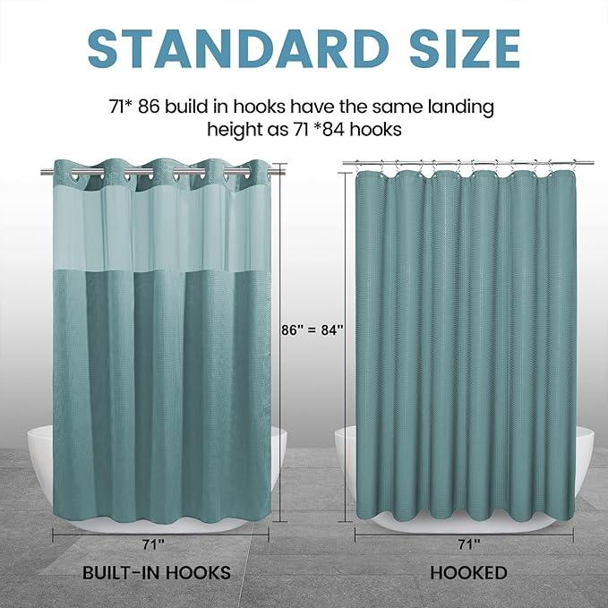EUTXL Teal Long No Hook Shower Curtain with Snap in Liner,230GSM Waffle Weave Shower Curtains for Bathroom,71W x 86H - ModernBath
