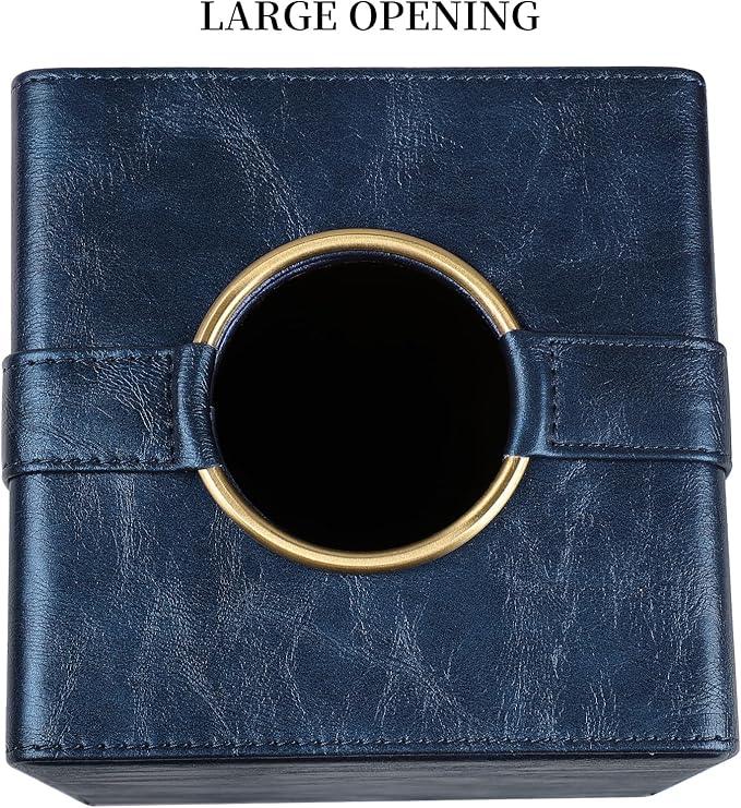 Cretkhp Luxury Square Tissue Box Cover, PU Leather Tissue Box Holder with Magnetic Closure and Gold Decorative Grommets for Bathroom Bedroom, Decorative Elegant Cube Tissue Holder (Blue) - ModernBath