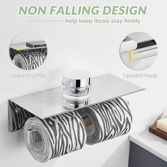 APLusee Double Toilet Paper Holder with Phone Shelf, 304 Stainless Steel Bathroom Tissue Hanger, Wall Mounted Dual Roll Paper Dispenser, Polished Chrome - ModernBath