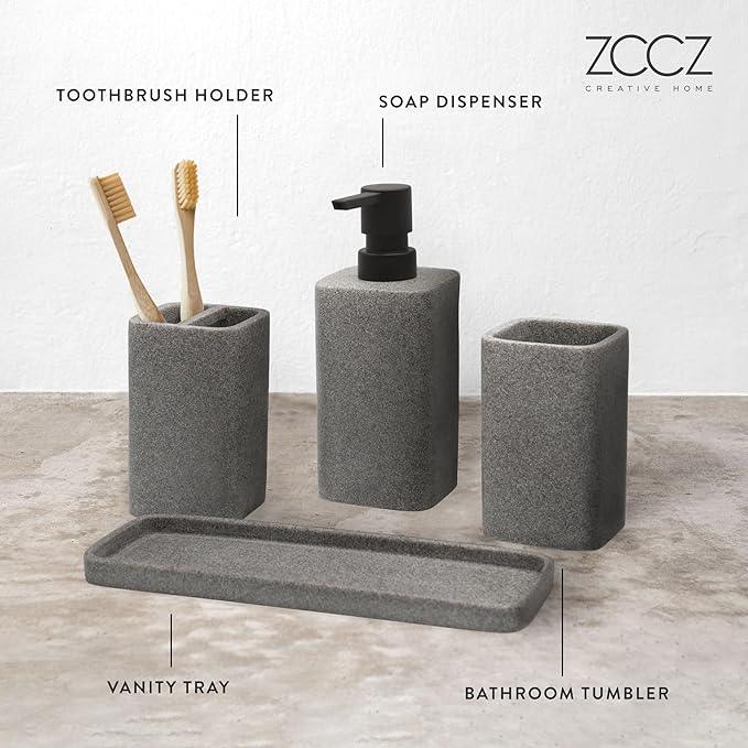 ZCCZ Grey Bathroom Accessory Sets, 4 Pieces Bathroom Accessories Complete Set Vanity Countertop Accessory Set, Includes Lotion Dispenser Soap Pump, Tumbler, Toothbrush Holder and Tray - ModernBath