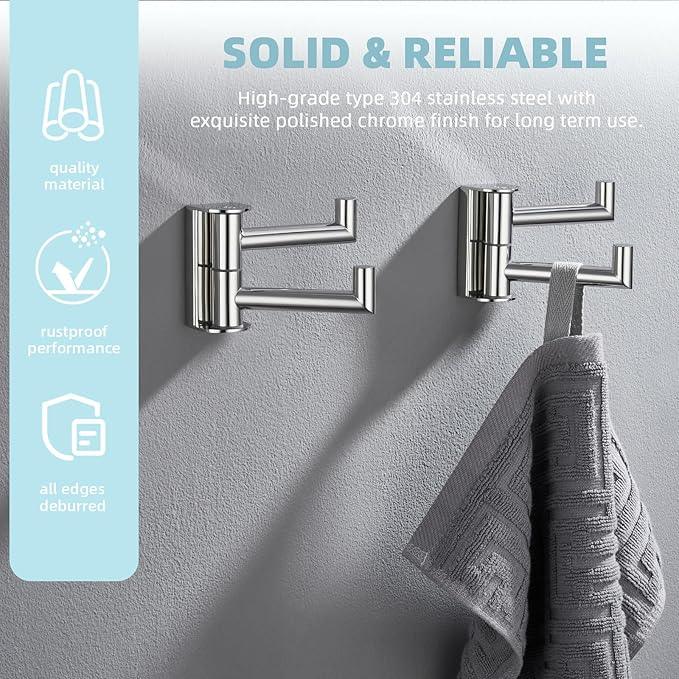 Angle Simple Swivel Hook for Towel Polished Chrome 2 Pack, 304 Stainless Steel Bathroom Towel Double Hook for Wall - ModernBath