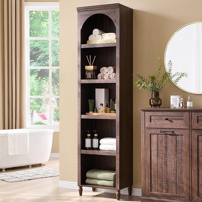 76" Tall Arched Bathroom Storage Cabinet, 5 Tiers Narrow Farmhouse Arched Cabinet w/Adjustable Shelves, Modern Wooden Storage Cabinet for Bathroom, Living Room, Entryway, Study Room (Brown) - ModernBath