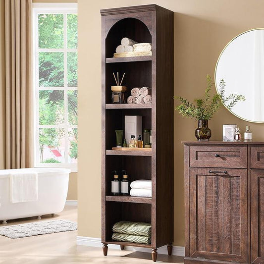 76" Tall Arched Bathroom Storage Cabinet, 5 Tiers Narrow Farmhouse Arched Cabinet w/Adjustable Shelves, Modern Wooden Storage Cabinet for Bathroom, Living Room, Entryway, Study Room (Brown) - ModernBath